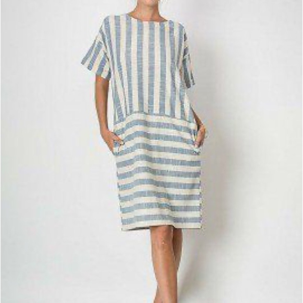 100% Cotton Blue And White short-sleeved, striped, block-patterned shift dress‎